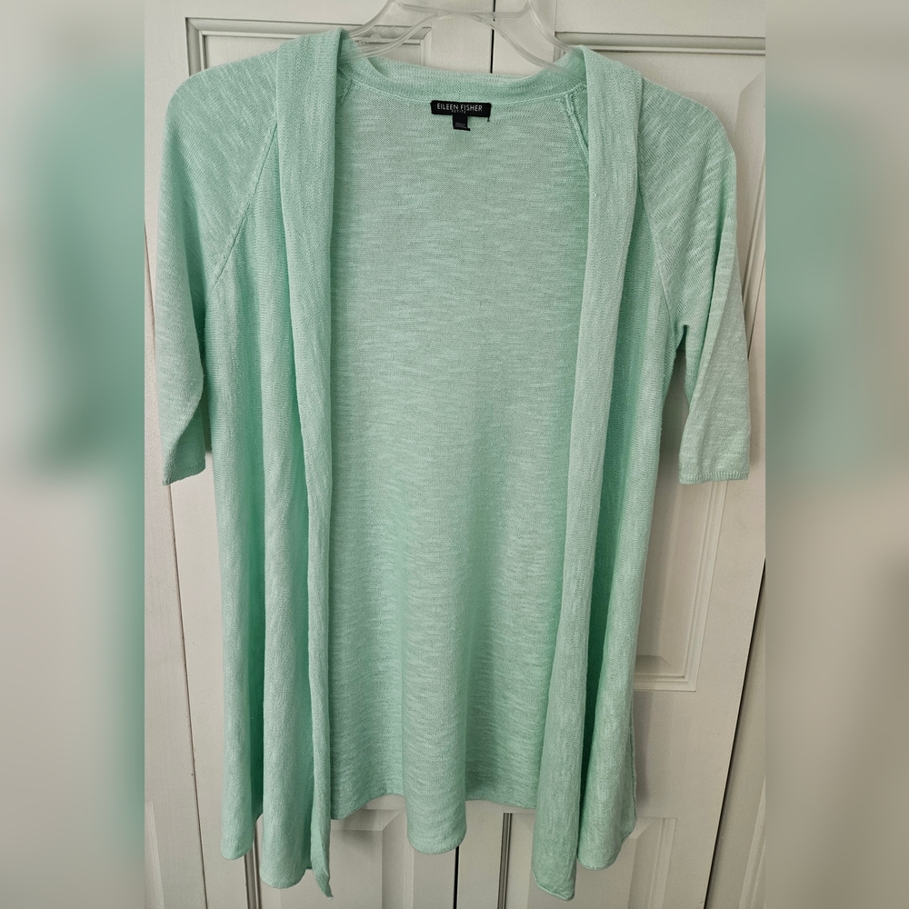 Eileen Fisher Mint Green Linen Blend Open Cardigan PS EUC